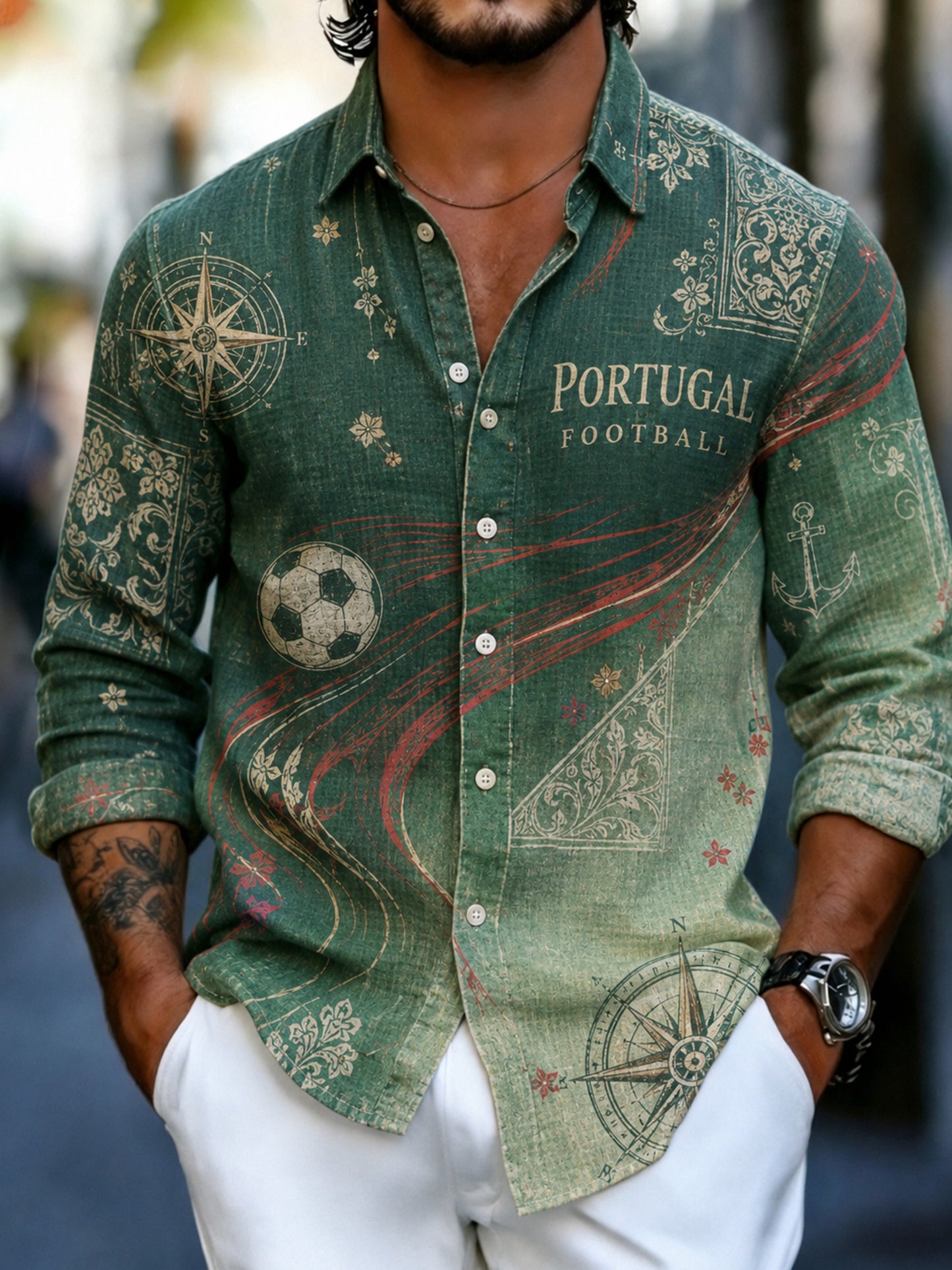 Camisa de Manga Comprida com Estampa Artística para Fãs de Futebol de Portugal – Masculina