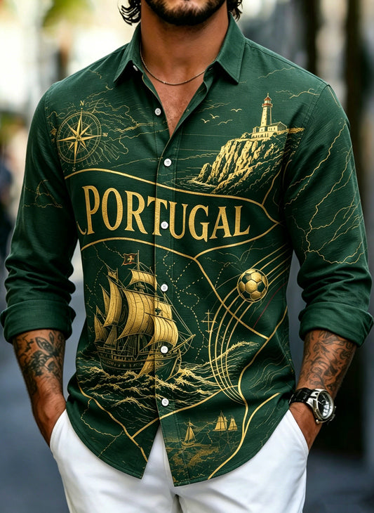 Camisa de Manga Longa com Impressão Artística do Jogo de Futebol da Seleção Portuguesa Masculina