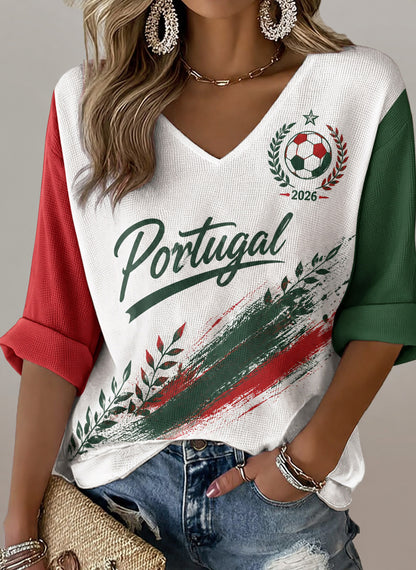 Mulheres Portugal Futebol Jogo Cheering Art Print V-Neck Top