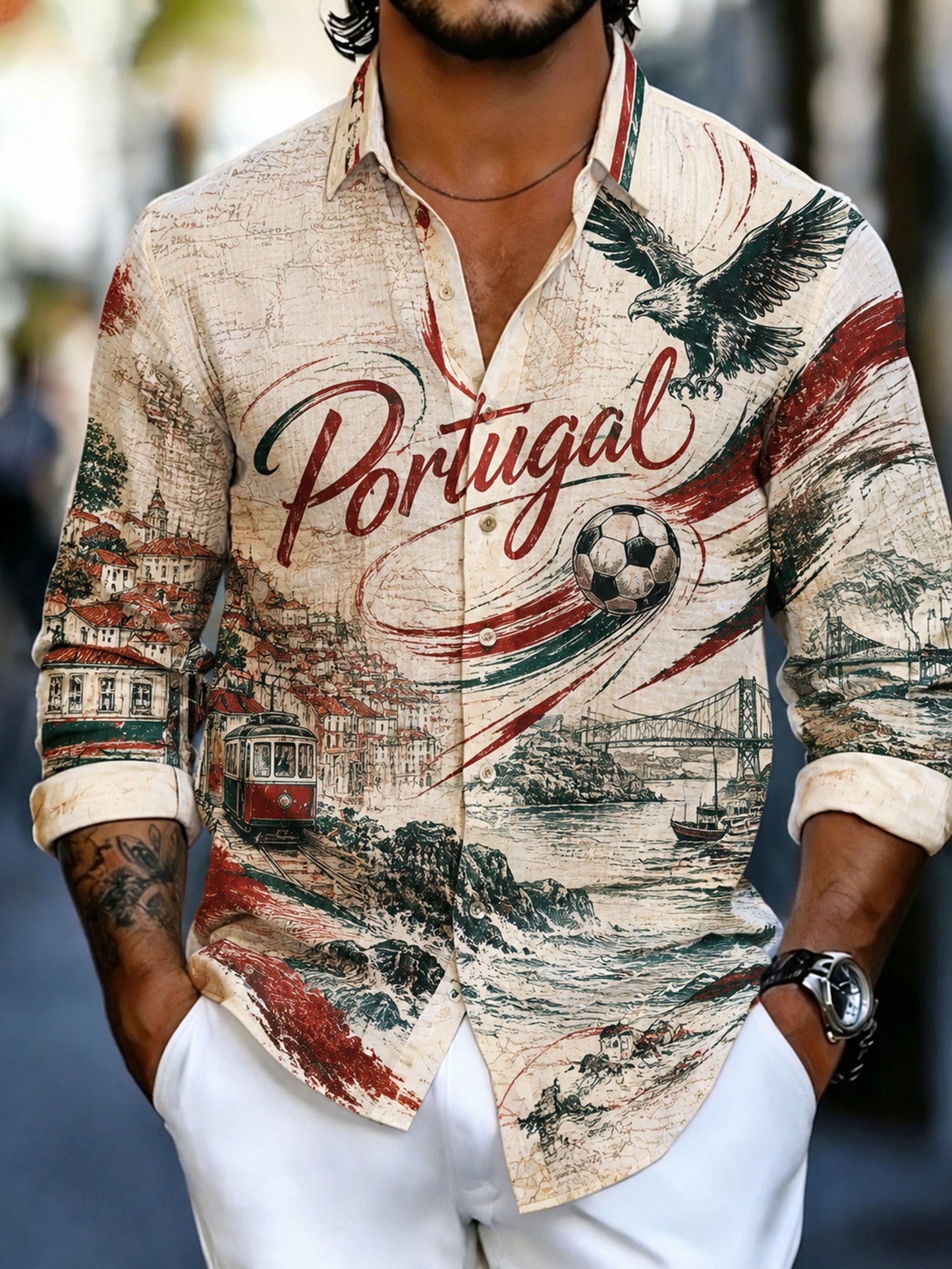 Camisa de Manga Comprida com Estampa Artística para Fãs de Futebol de Portugal – Masculina