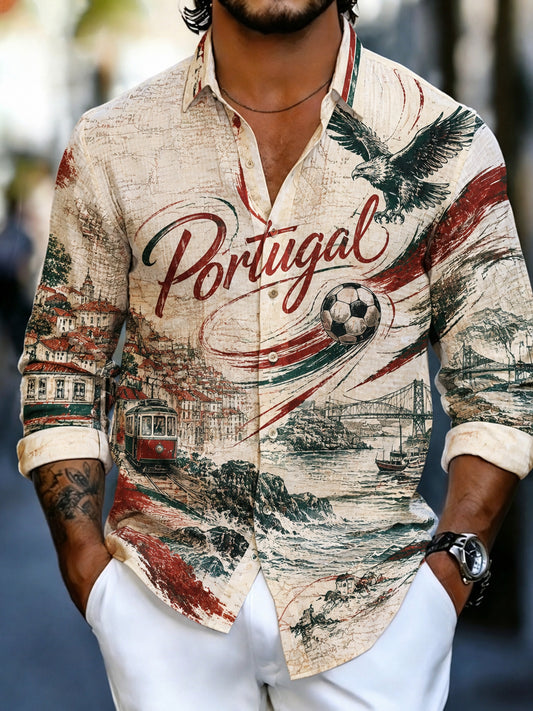Camisa de Manga Comprida com Estampa Artística para Fãs de Futebol de Portugal – Masculina