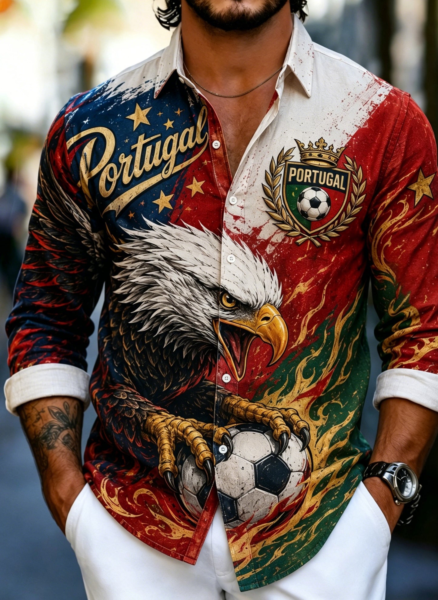 Camisa de Manga Longa com Impressão Artística do Jogo de Futebol da Seleção Portuguesa Masculina