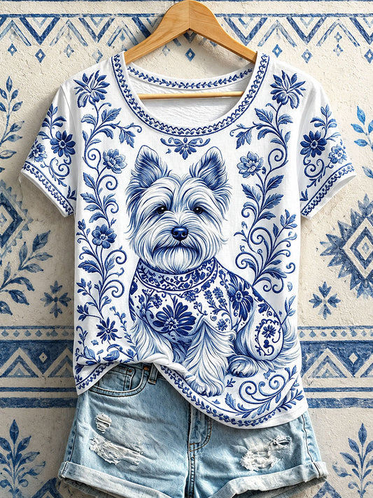 Camisetas florais do estampa do cão das mulheres
