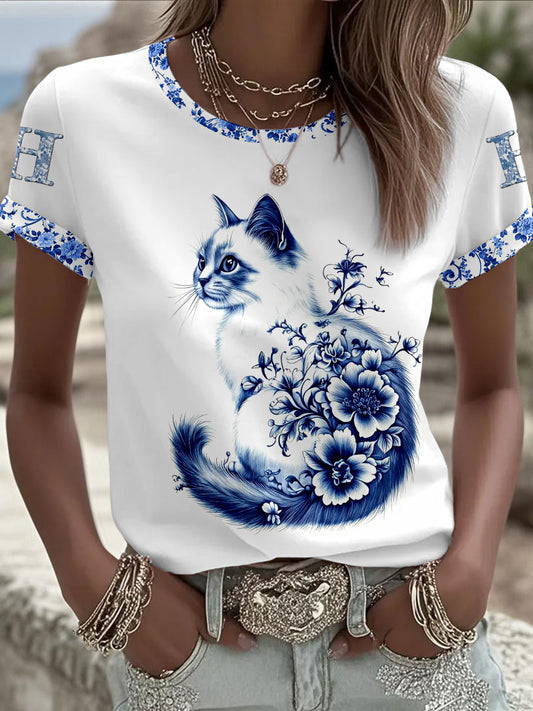 Camiseta de manga curta Casual Retro Gato Animal Feminino Unisex