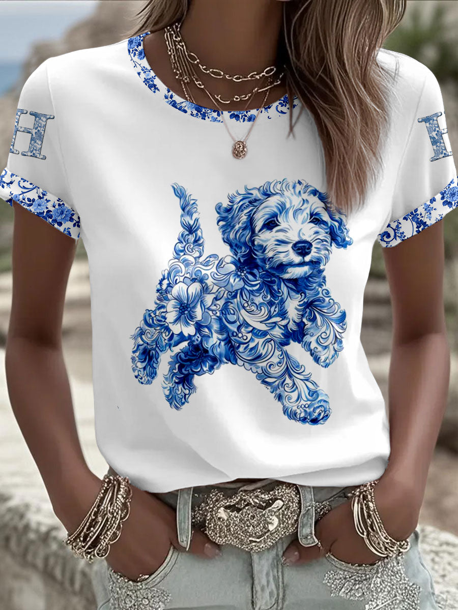 Animal Cão Retro Unisex Casual Camiseta de manga curta feminina
