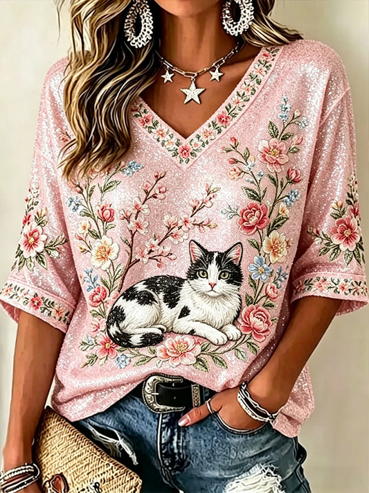 Mulheres Flores e Gatos V-Neck T-Shirt