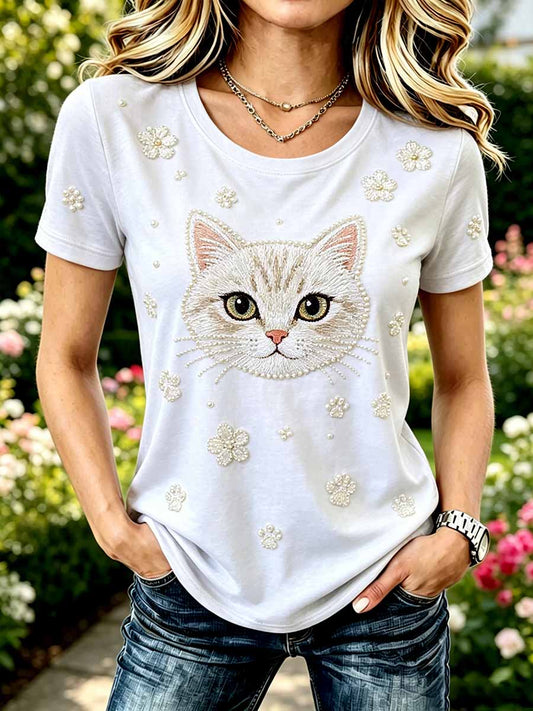 Camiseta Casual Estampada com Estampa de Gato para Mulheres