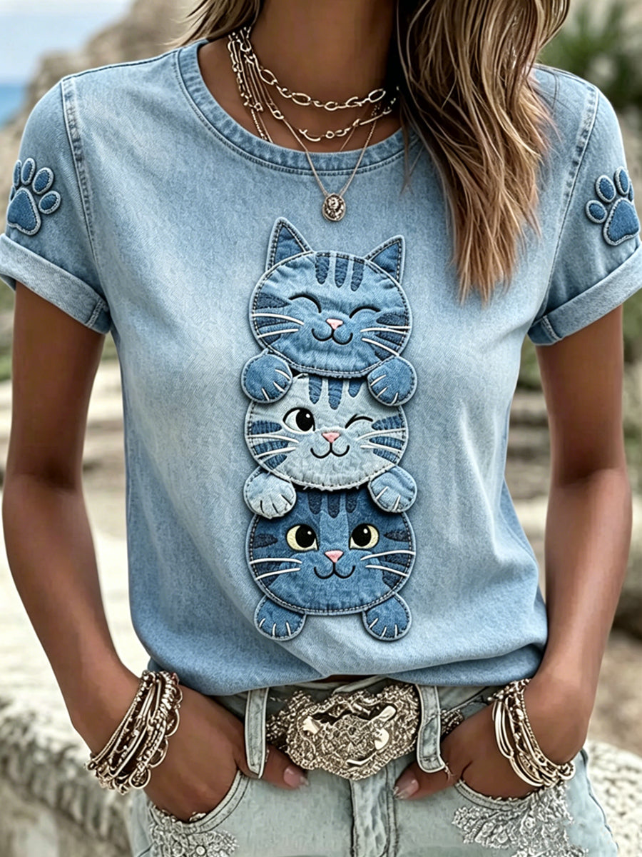 Camiseta feminina de manga curta, solta, estampada com gato, estilo vintage e moderno