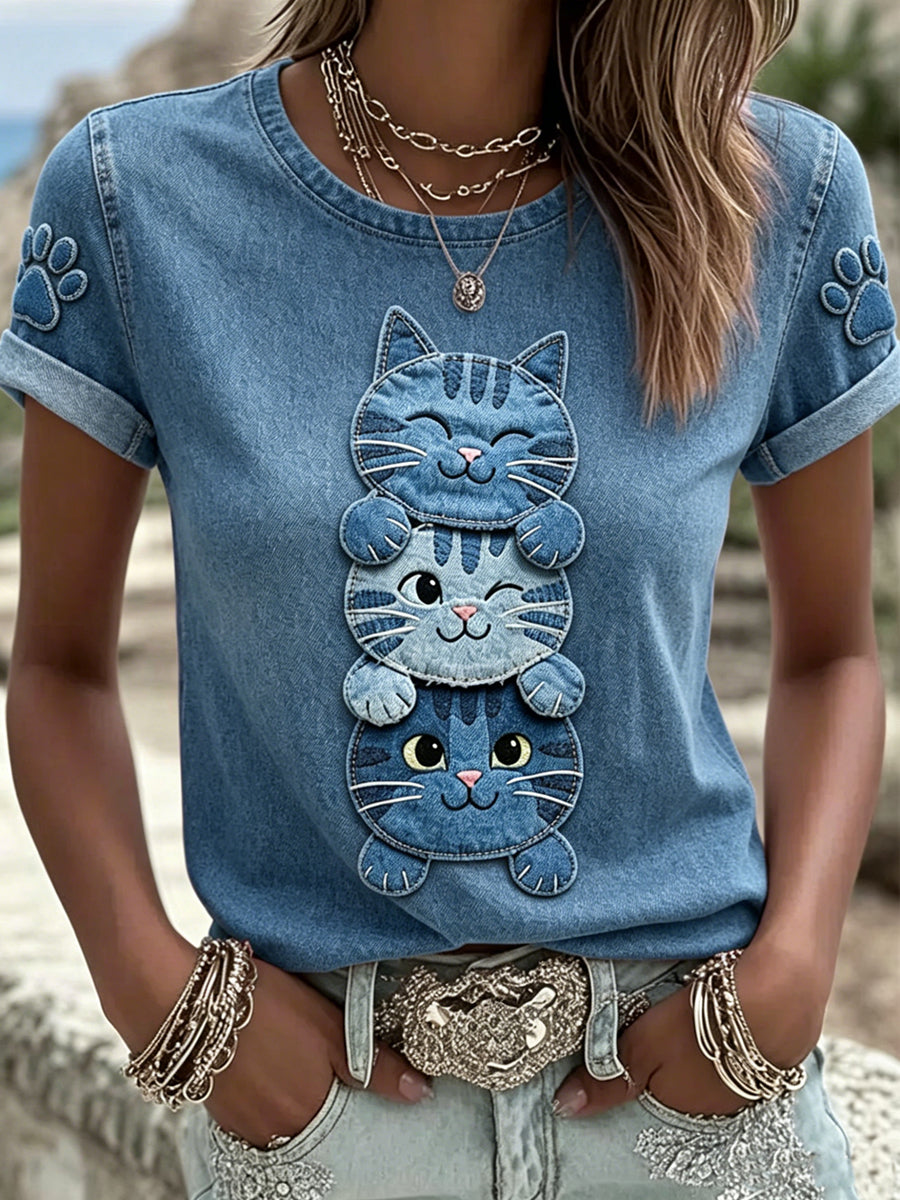 Camiseta feminina de manga curta, solta, estampada com gato, estilo vintage e moderno