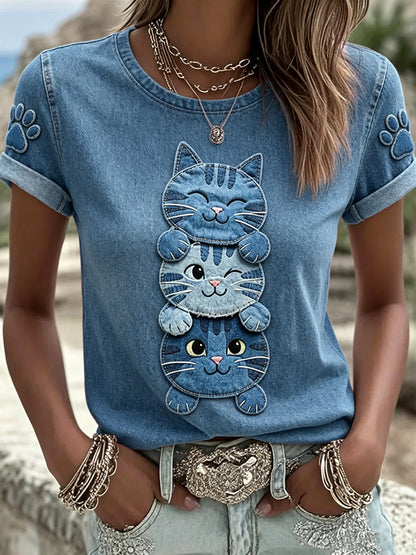 Camiseta feminina de manga curta, solta, estampada com gato, estilo vintage e moderno