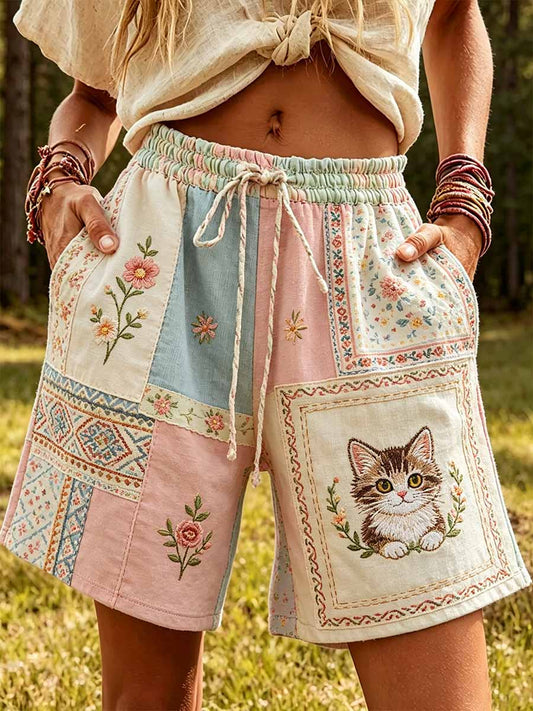 Padrão de gato moda feminina impresso calças casuais