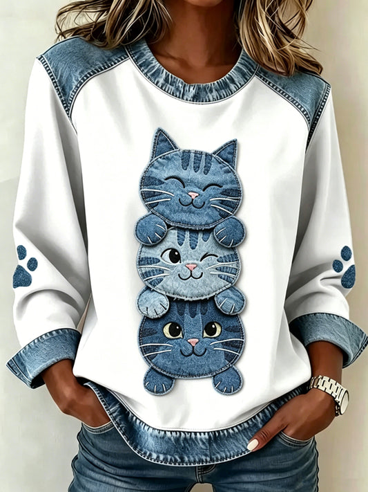 Gato Animal feminino impresso moletom de manga longa gola