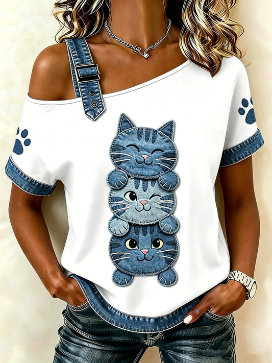 Camiseta feminina de manga curta, solta, estampada com gato, estilo vintage e moderno