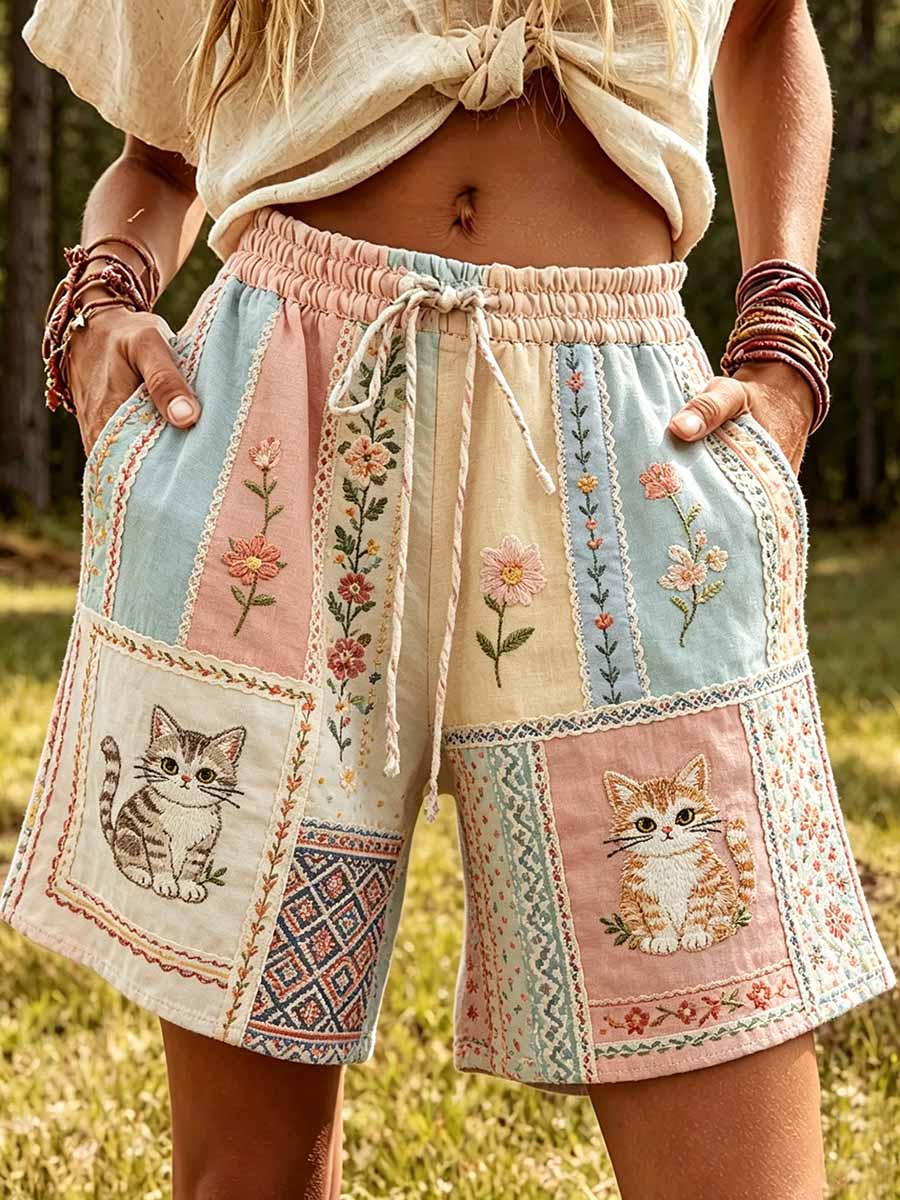Calças casuais estampadas com padrão de gato para mulheres