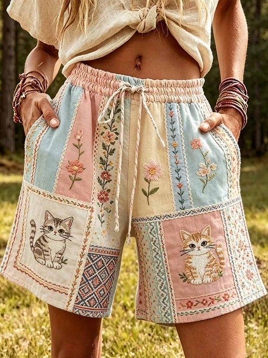 Calças casuais estampadas com padrão de gato para mulheres