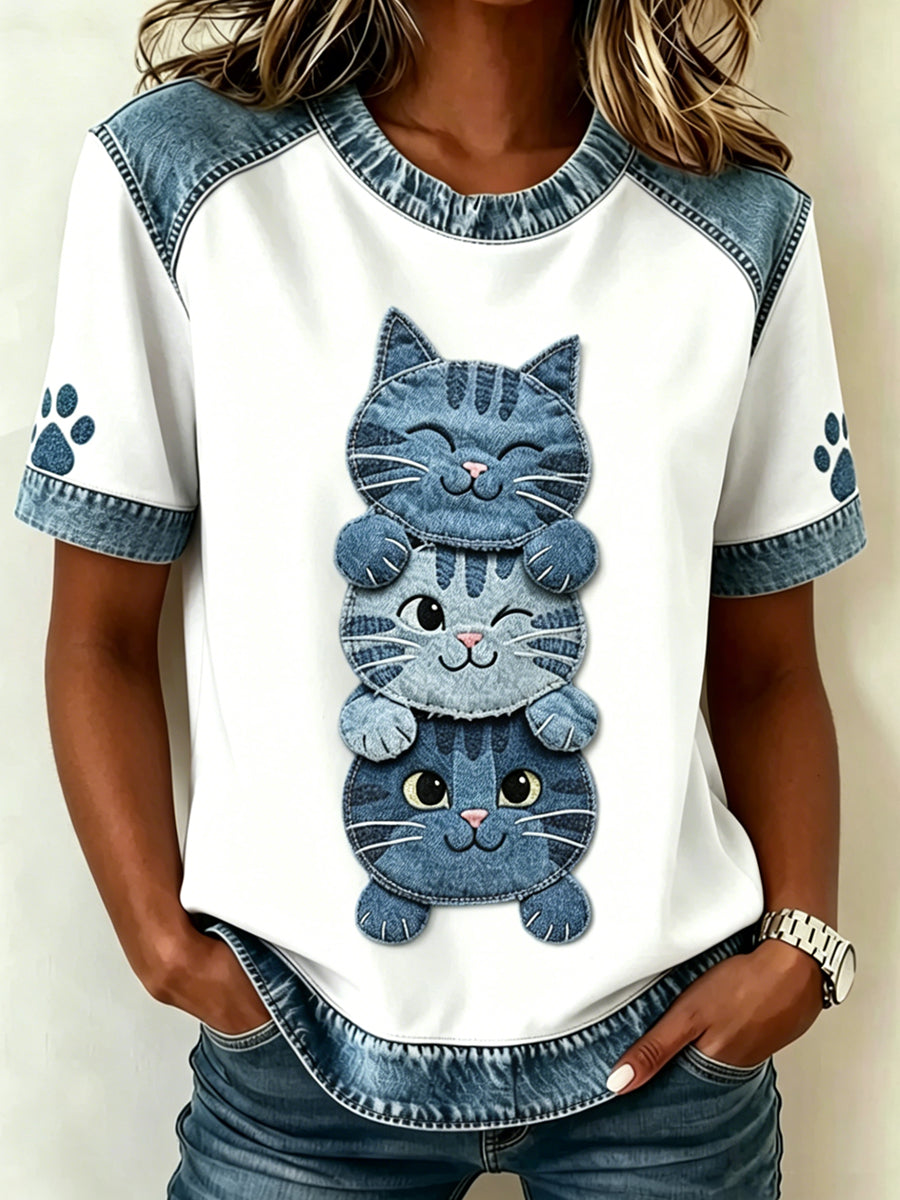 Gato Animal feminino impresso moda vintage camiseta solta de manga curta