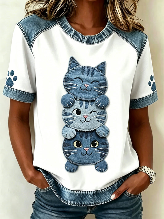 Gato Animal feminino impresso moda vintage camiseta solta de manga curta