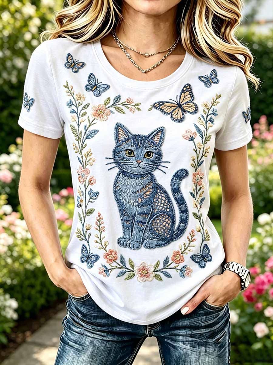 Padrão de gato moda feminina impresso camiseta casual
