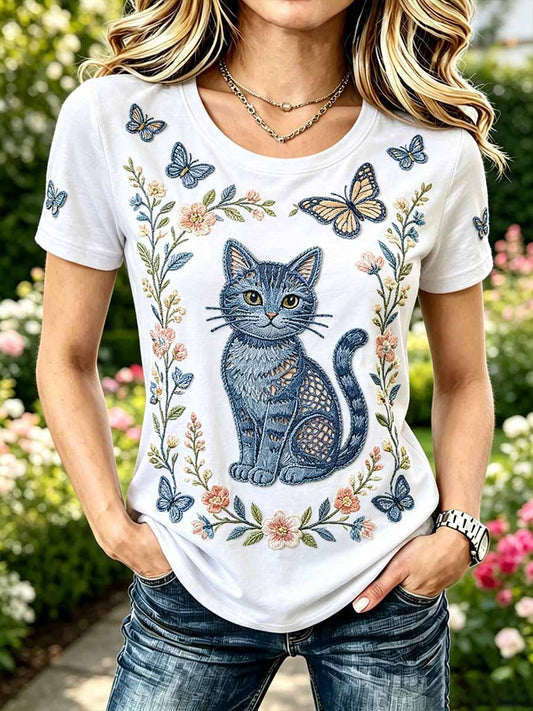 Padrão de gato moda feminina impresso camiseta casual