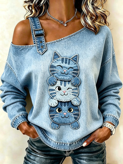 Moletom casual de um ombro só com estampa de gato para mulheres