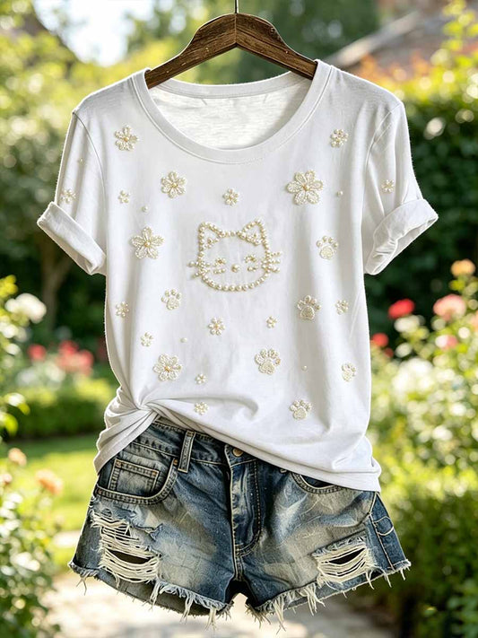 Camiseta Casual Estampada com Estampa de Gato para Mulheres