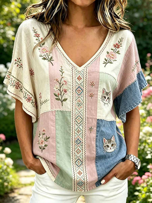 Camiseta Casual Estampada com Estampa de Gato para Mulheres
