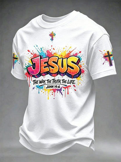 Camiseta masculina cristã com estampa de cruz de Jesus e mangas curtas