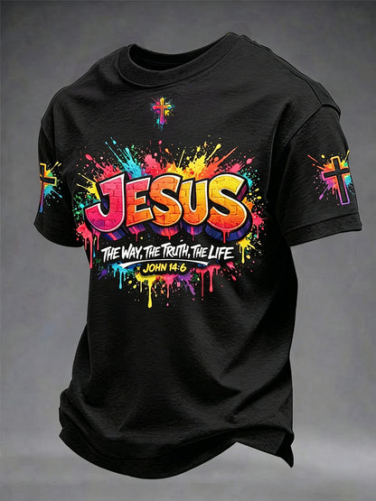 Camiseta masculina cristã com estampa de cruz de Jesus e mangas curtas