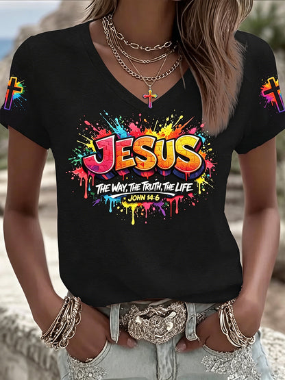 Christian Jesus Cruz das Mulheres Manga Curta Decote Em V T-shirt