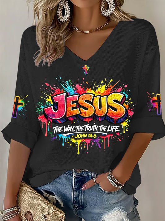T-shirt das Mulheres Christian Jesus Cross Waffle