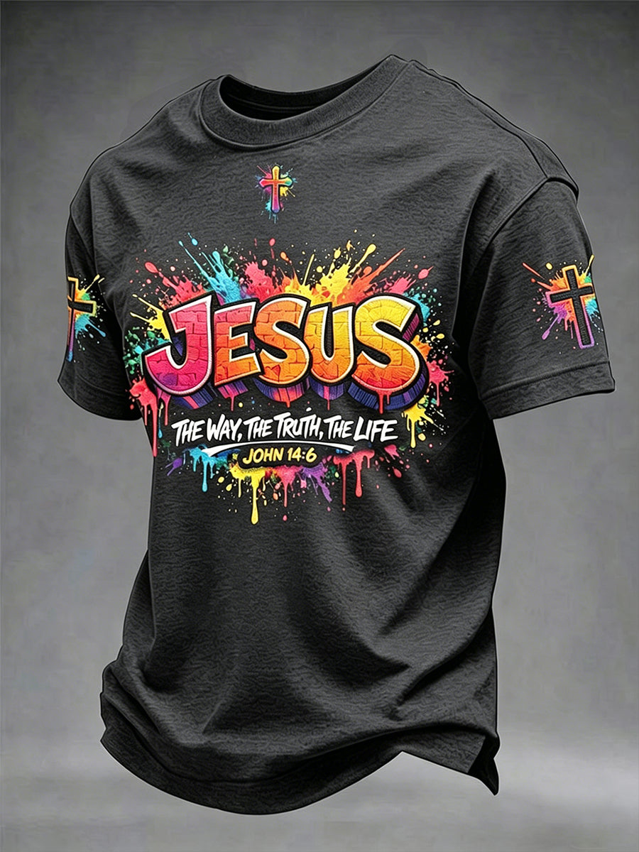 Camiseta masculina cristã com estampa de cruz de Jesus e mangas curtas