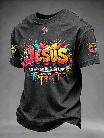 Camiseta masculina cristã com estampa de cruz de Jesus e mangas curtas