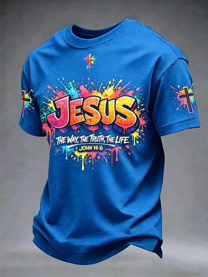 Camiseta masculina cristã com estampa de cruz de Jesus e mangas curtas