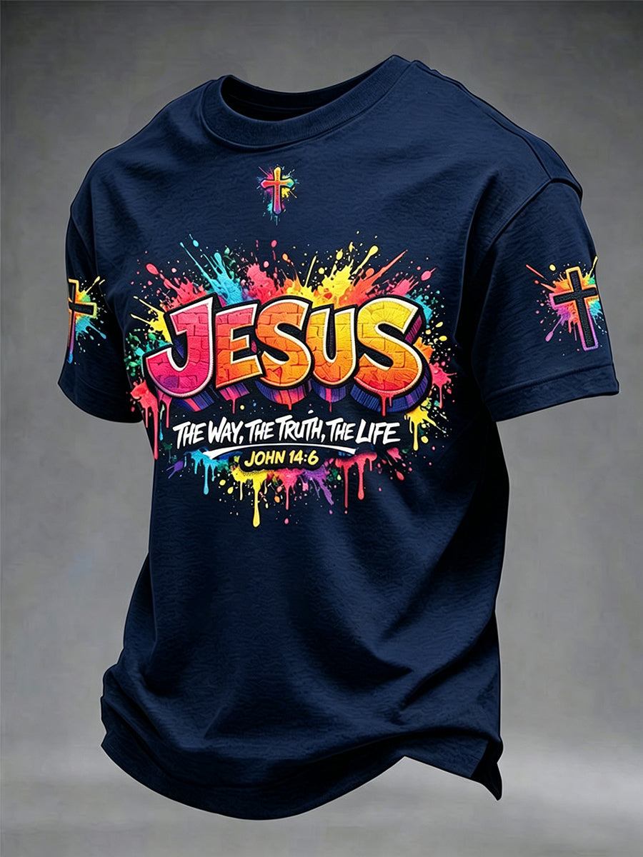 Camiseta masculina cristã com estampa de cruz de Jesus e mangas curtas