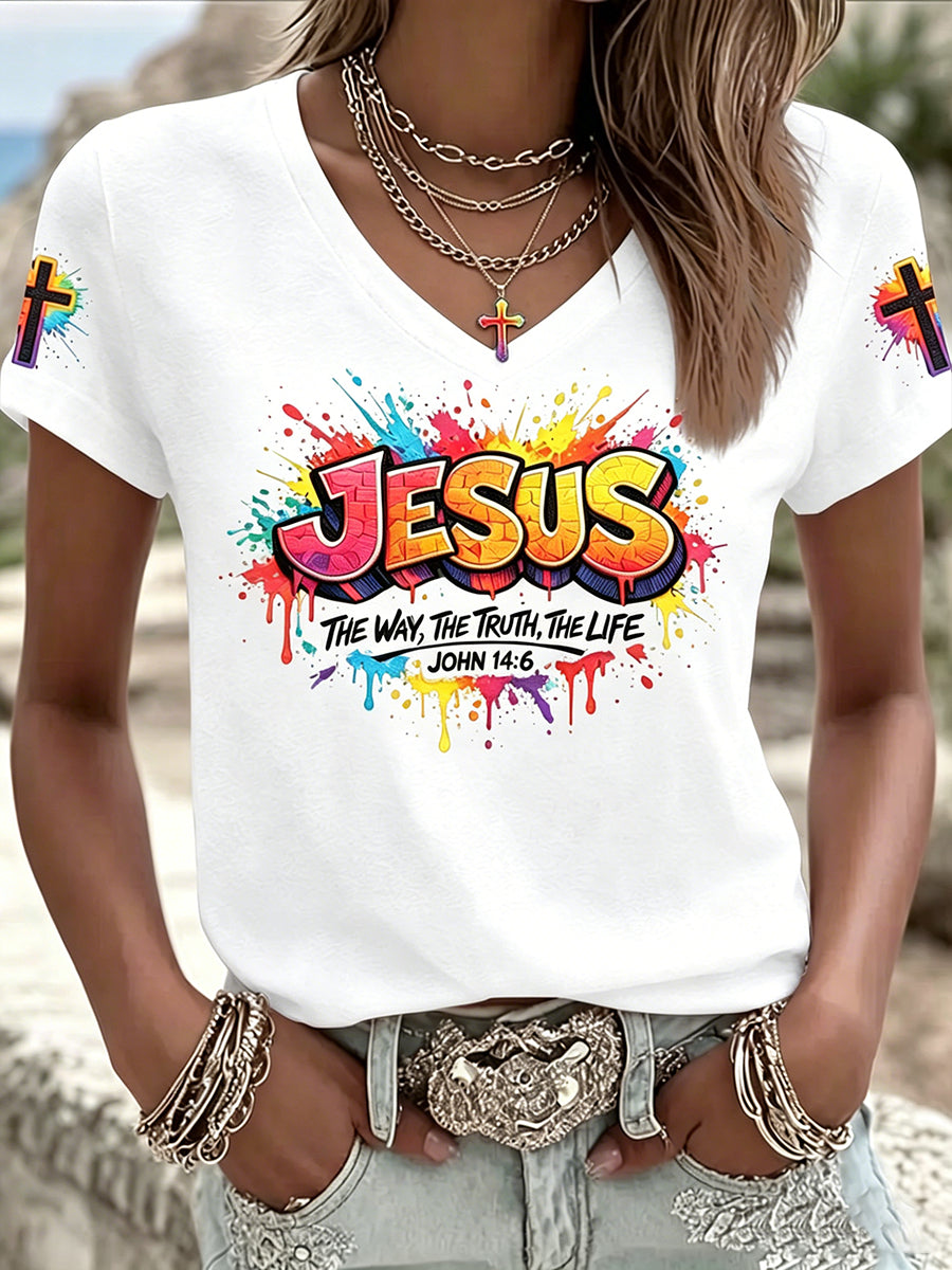 Christian Jesus Cruz das Mulheres Manga Curta Decote Em V T-shirt