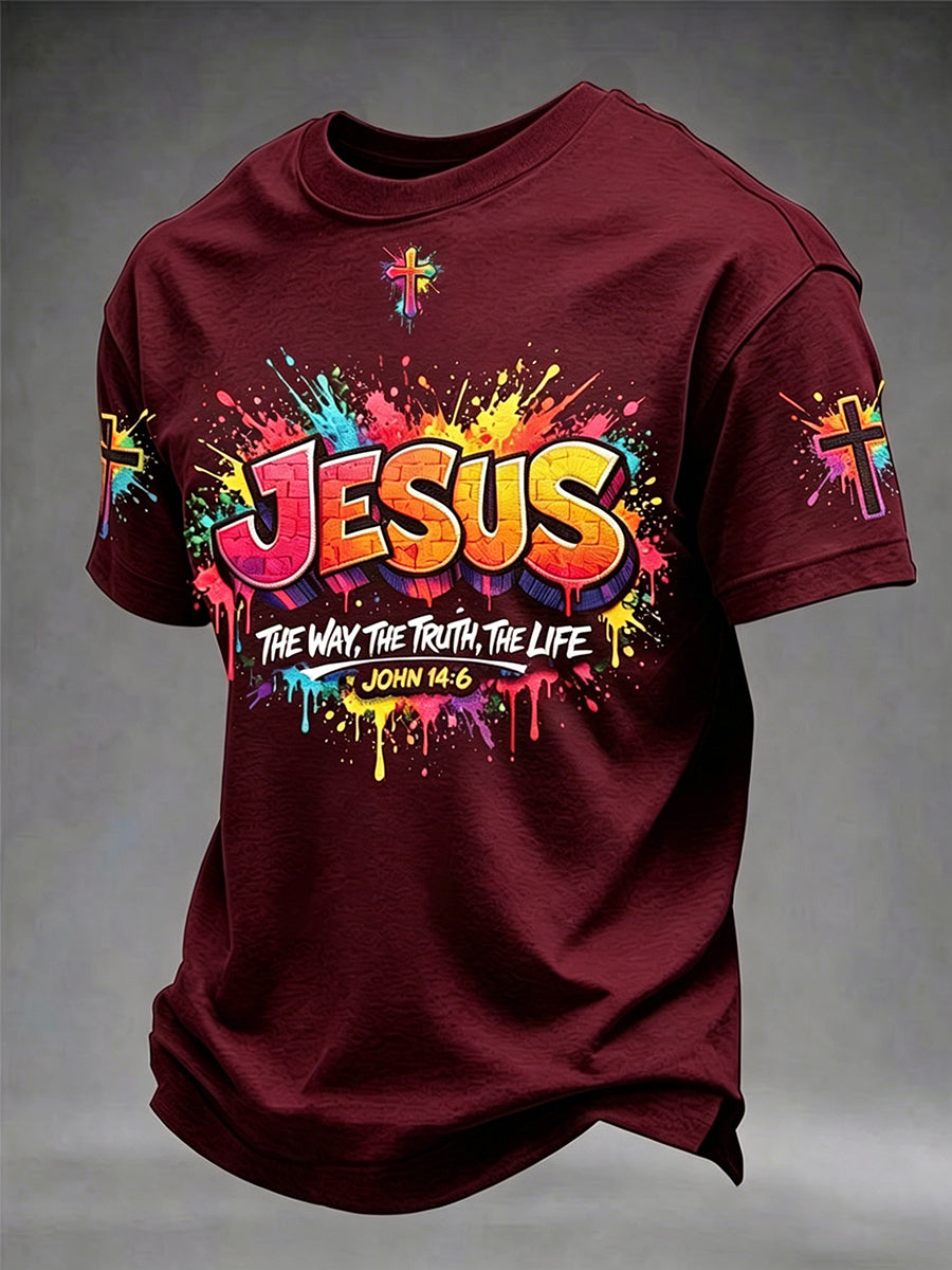 Camiseta masculina cristã com estampa de cruz de Jesus e mangas curtas