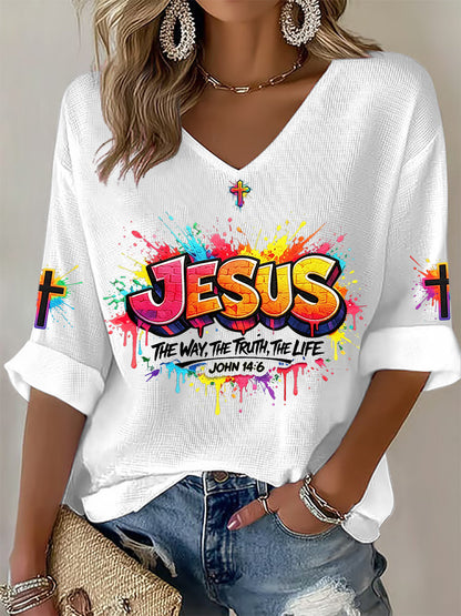 T-shirt das Mulheres Christian Jesus Cross Waffle