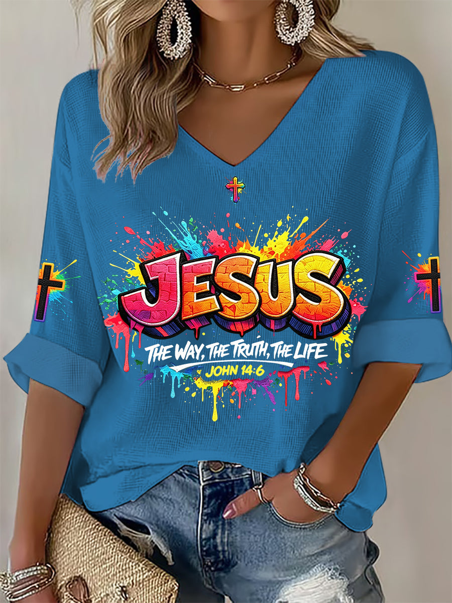 T-shirt das Mulheres Christian Jesus Cross Waffle