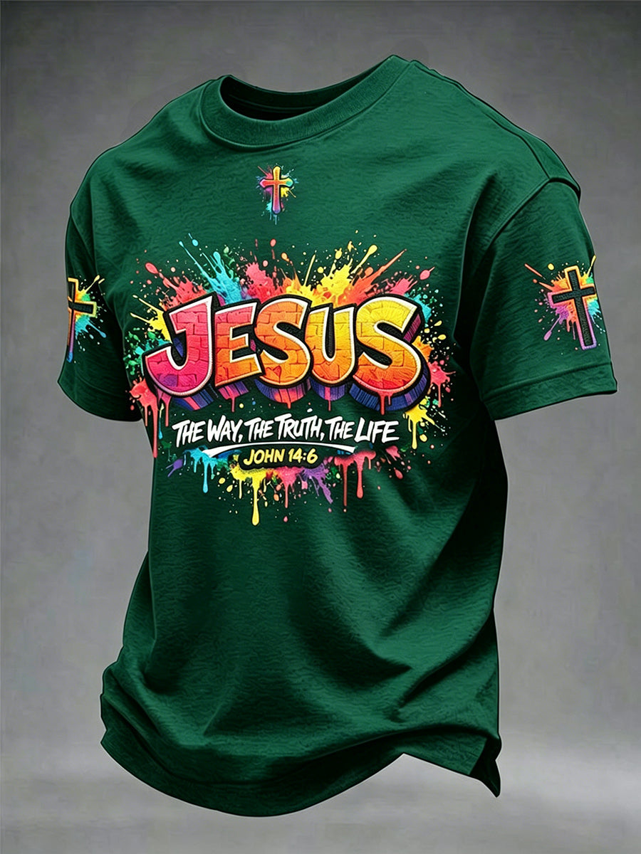 Camiseta masculina cristã com estampa de cruz de Jesus e mangas curtas