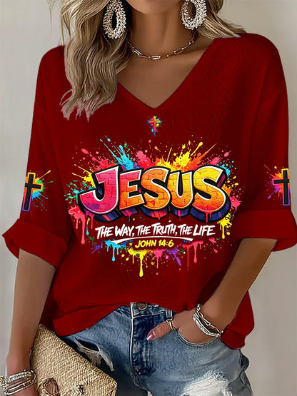 T-shirt das Mulheres Christian Jesus Cross Waffle