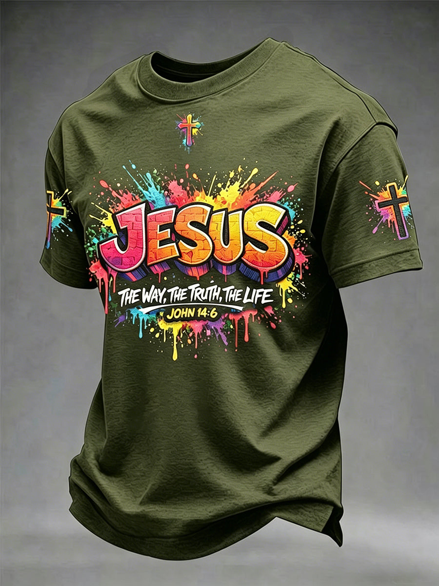 Camiseta masculina cristã com estampa de cruz de Jesus e mangas curtas