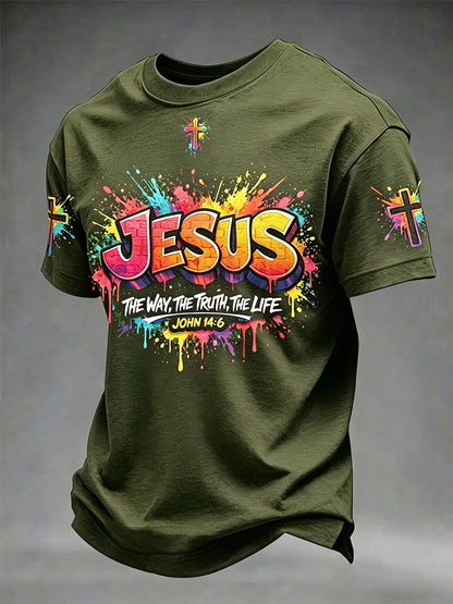 Camiseta masculina cristã com estampa de cruz de Jesus e mangas curtas