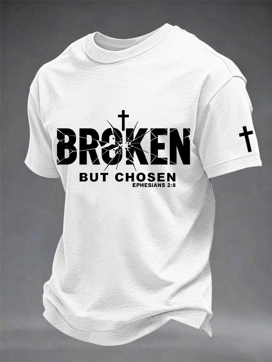Camiseta masculina com estampa de cruz cristã quebrada, mas escolhida