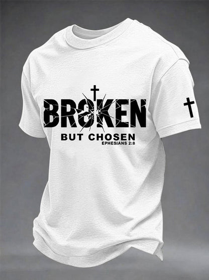 Camiseta masculina com estampa de cruz cristã quebrada, mas escolhida