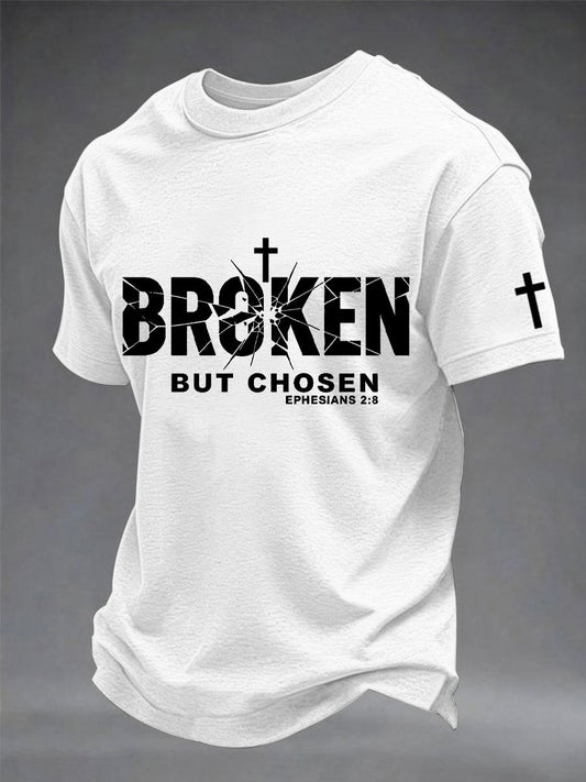 Camiseta masculina com estampa de cruz cristã quebrada, mas escolhida