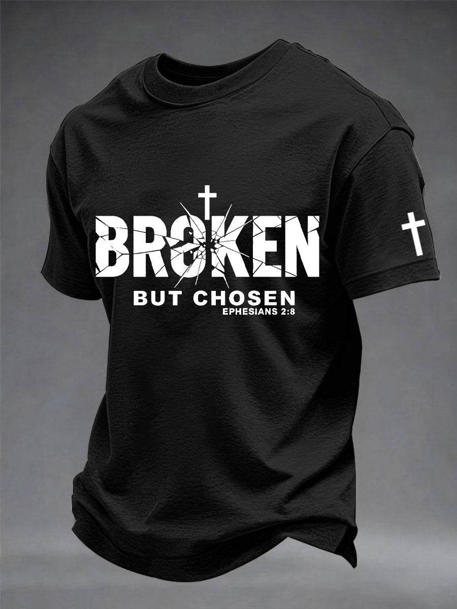 Camiseta masculina com estampa de cruz cristã quebrada, mas escolhida