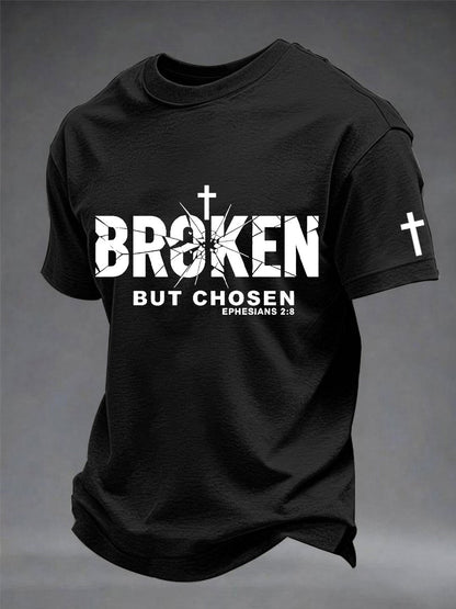 Camiseta masculina com estampa de cruz cristã quebrada, mas escolhida