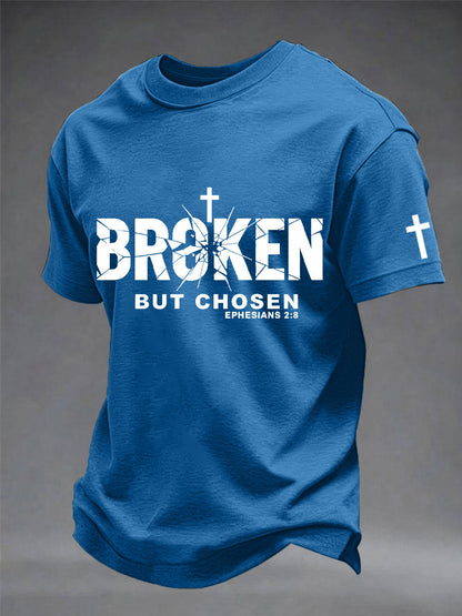 Camiseta masculina com estampa de cruz cristã quebrada, mas escolhida