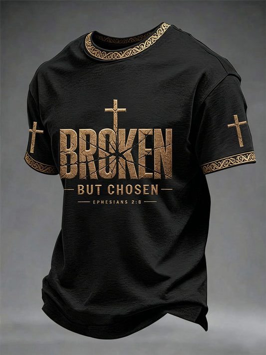 Cruz cristã masculina quebrada, mas escolhida Print Tee