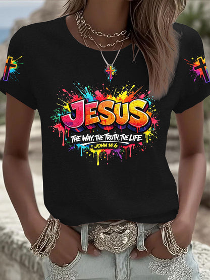 Mulheres Christian Jesus Cross T-shirt de manga curta